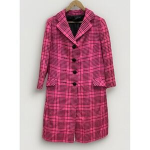 Vintage 1960s Bill Blass Hot Pink Black Plaid Dress Coat Jacket Size 8 ILGWU